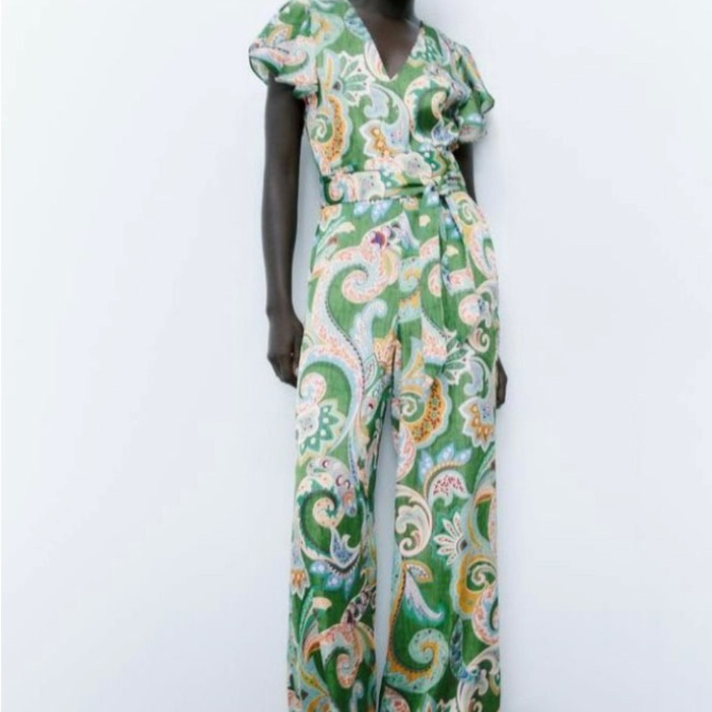 ZARA Green Paisley BOHO Belted Wide-Leg Jumpsuit Size Small NWT 🍃 - Picture 2 of 10